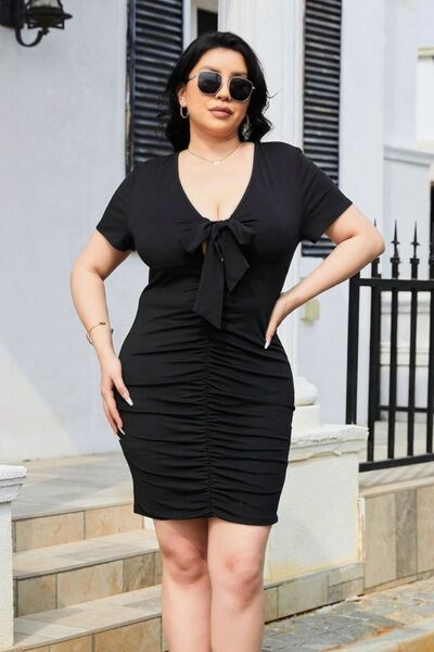 Plus Size Ruched Tied Short Sleeve Mini Dress  Shop One Place