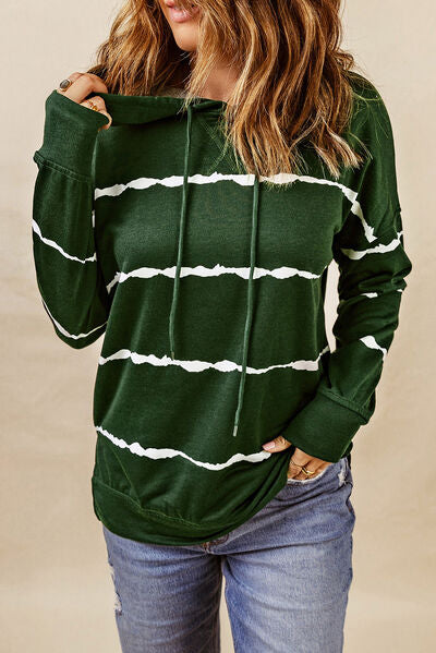 Drawstring Striped Dropped Shoulder Hoodie  Shop One Place