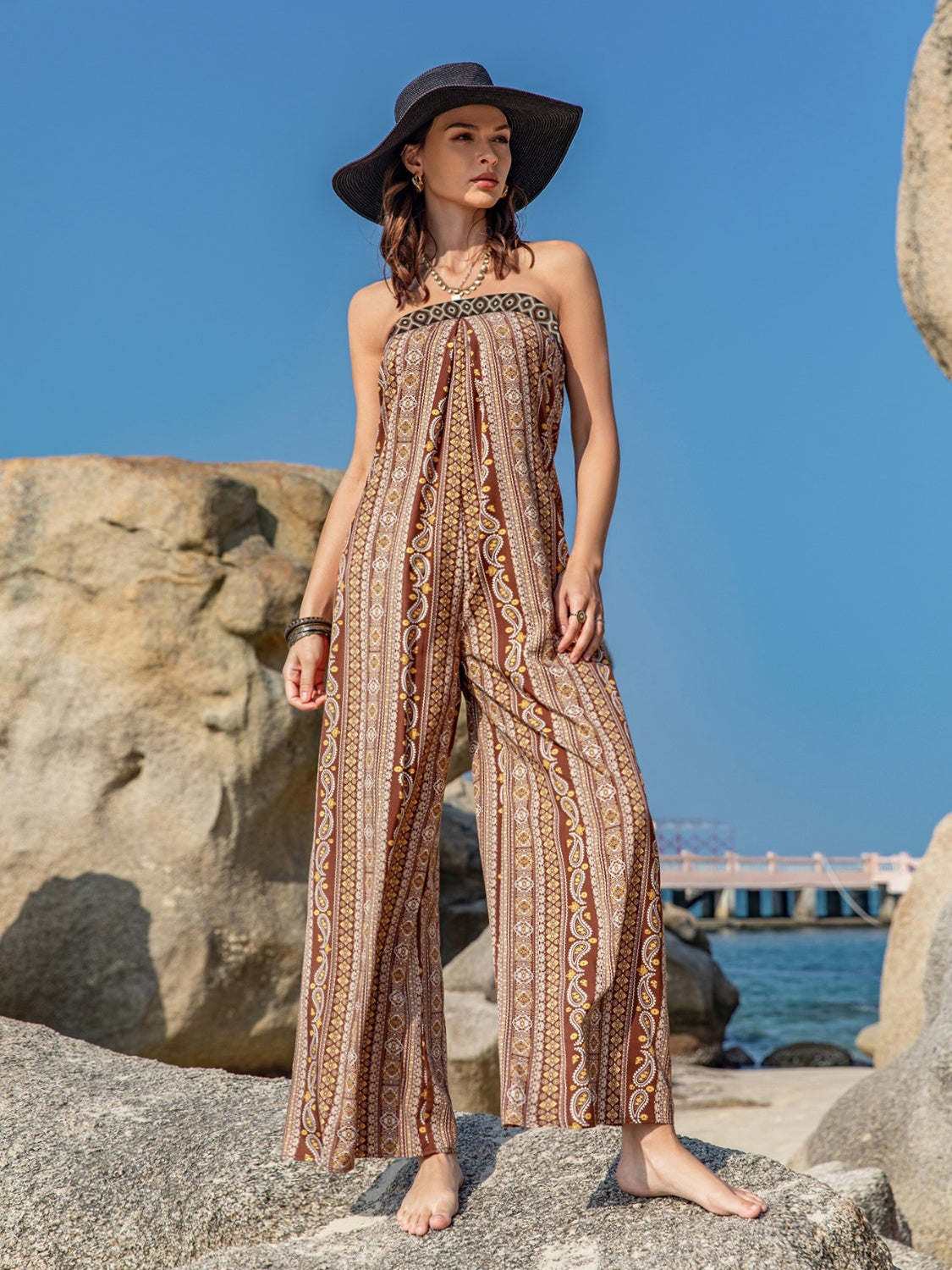 Tied Printed Tube Wide Leg Jumpsuit  Shop One Place