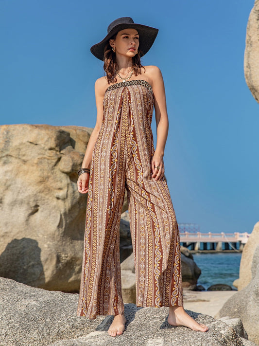 Tied Printed Tube Wide Leg Jumpsuit  Shop One Place