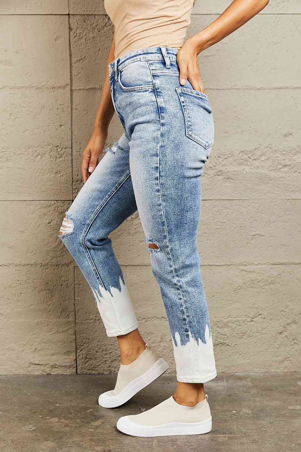 BAYEAS High Waisted Distressed Painted Cropped Skinny Jeans