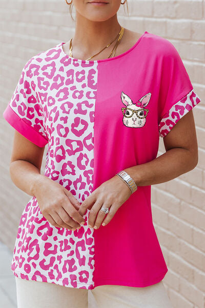 Leopard Round Neck Short Sleeve T-Shirt - Shop One Place