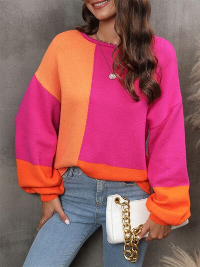 Color Block Round Neck Sweater  Shop One Place