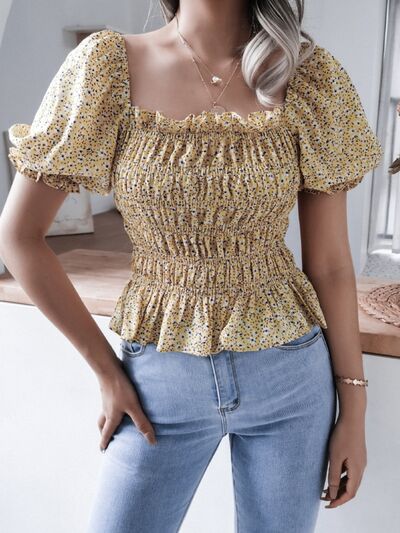 Frill Smocked Square Neck Short Sleeve Blouse  Shop One Place