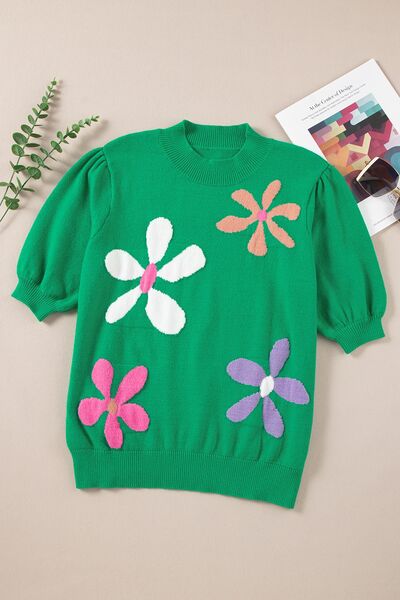 Flower Mock Neck Short Sleeve Sweater  Shop One Place