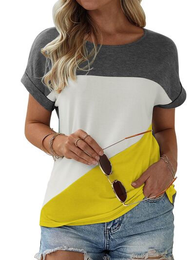 Color Block Round Neck Short Sleeve T-Shirt