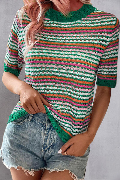Openwork Striped Short Sleeve Knit Top  Shop One Place