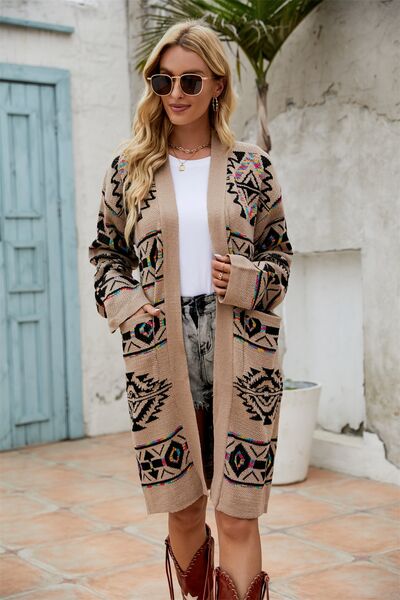 Pocketed Geometric Open Front Dropped Shoulder Cardigan  Shop One Place