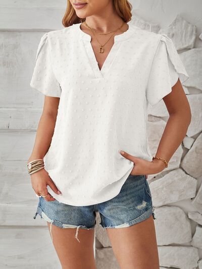 Swiss Dot Notched Petal Sleeve T-Shirt