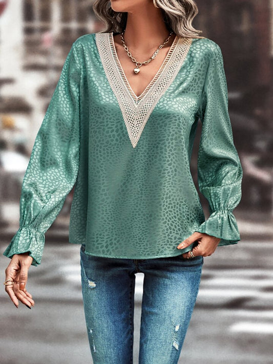 Decorative V-Neck Flounce Sleeve Blouse