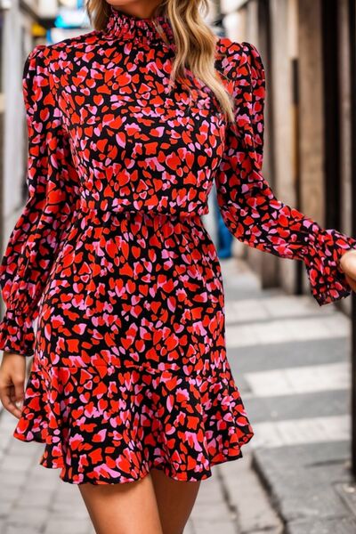 Heart Printed Mock Neck Flounce Sleeve Dress  Shop One Place