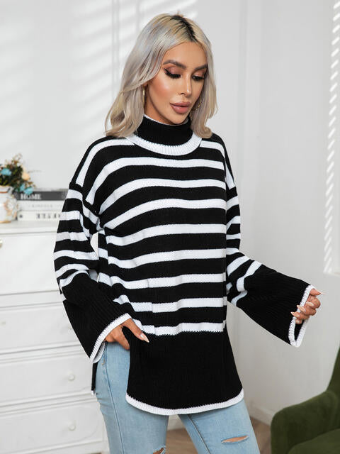 Striped Slit Turtleneck Drop Shoulder Sweater  Shop One Place