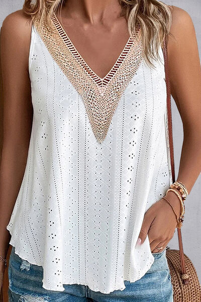 Lace Detail Eyelet V-Neck Tank  Shop One Place