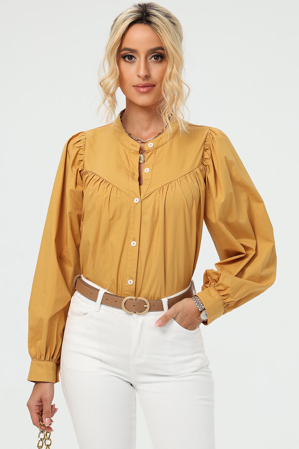 Ruched Button Up Long Sleeve Shirt