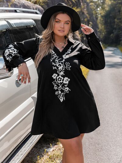 Plus Size Embroidered Long Sleeve Mini Dress  Shop One Place