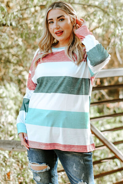 Plus Size Striped Slit Long Sleeve T-Shirt  Shop One Place