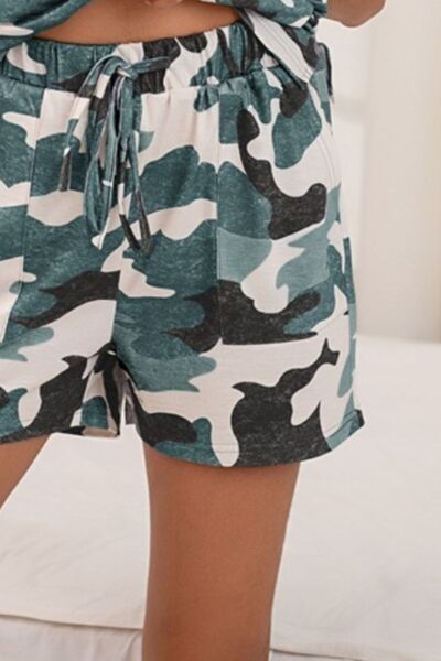 Camouflage V-Neck Top and Drawstring Shorts Lounge Set