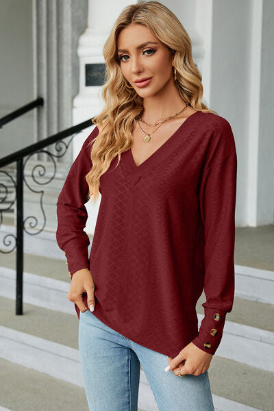 Decorative button V-Neck Lantern Sleeve T-Shirt