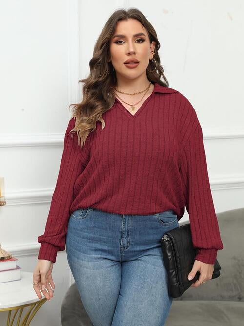 Plus Size Ribbed Collared Neck Long Sleeve Blouse  Shop One Place