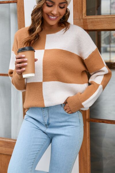 Color Block Round Neck Dropped Shoulder Sweater  Shop One Place