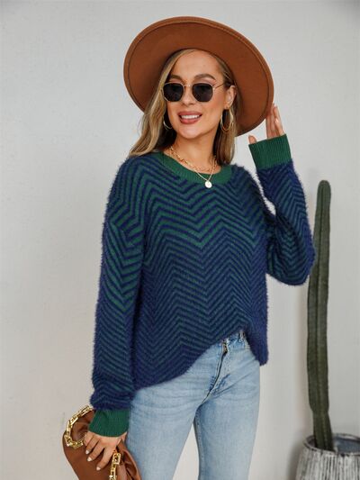 Striped Round Neck Dropped Shoulder Sweater  Shop One Place
