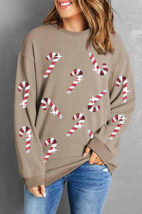 Sequin Candy Cane Round Neck Sweatshirt  Shop One Place