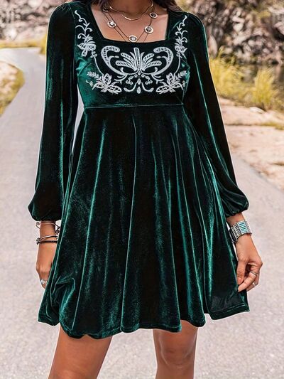 Printed Square Neck Long Sleeve Mini Dress  Shop One Place