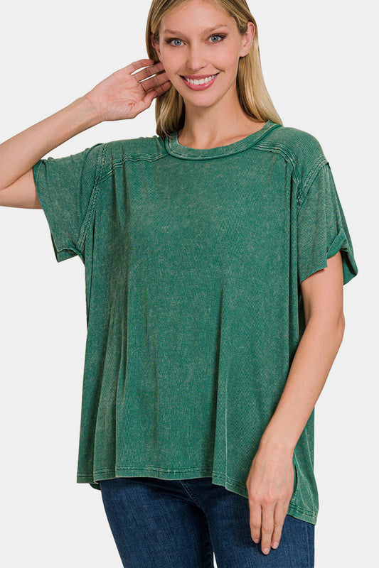 Zenana Washed Ribbed Short Sleeve Top