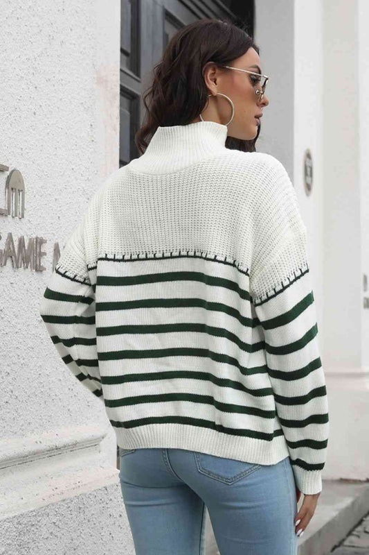 Striped Turtleneck Drop Shoulder Sweater  Shop One Place