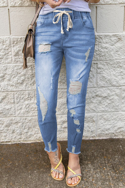 Drawstring Distressed Raw Hem Jeans with Pockets  Shop One Place