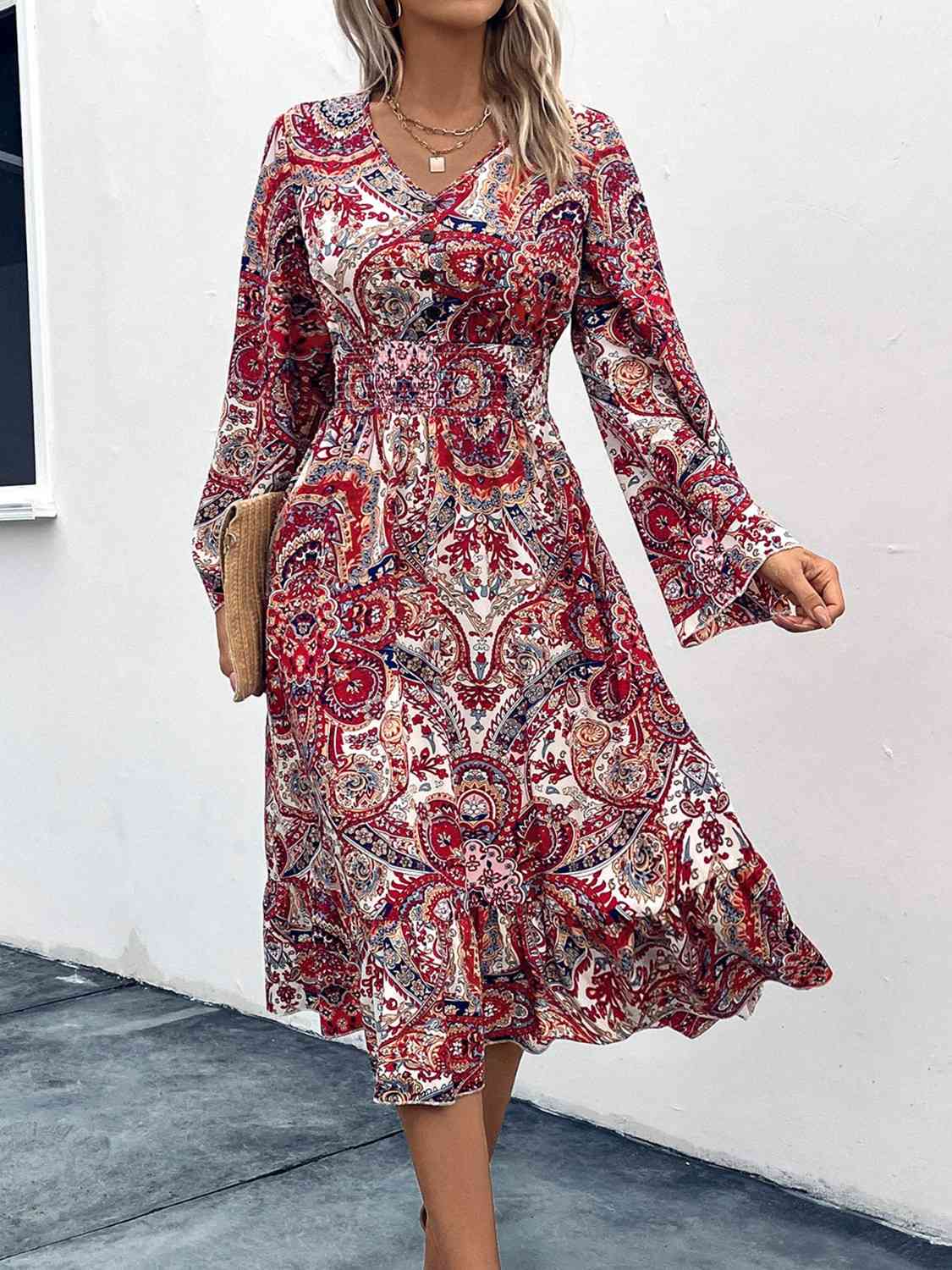 Smocked V-Neck Long Sleeve Dress