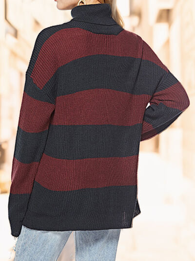 Striped Turtleneck Long Sleeve Sweater  Shop One Place