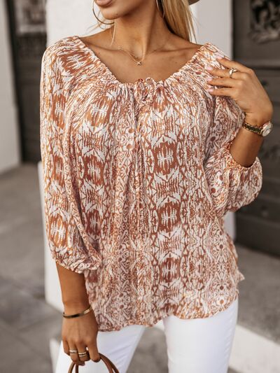 Printed Boat Neck Balloon Sleeve Blouse  Shop One Place