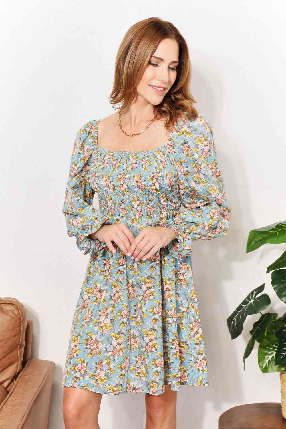 Floral Smocked Flounce Sleeve Square Neck Dress