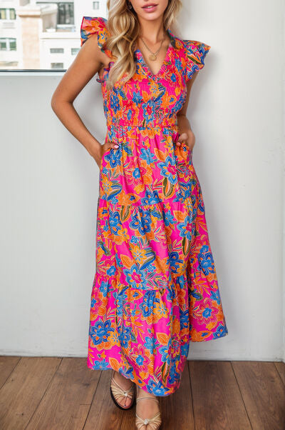 Printed V-Neck Cap Sleeve Pocketed Midi Dress  Shop One Place