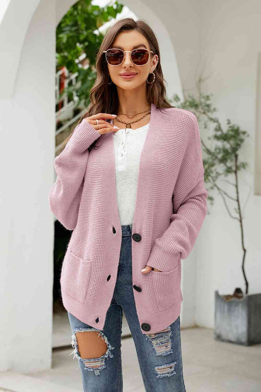 Button Up Drop Shoulder Long Sleeve Cardigan  Shop One Place