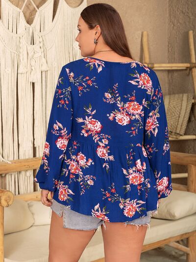 Plus Size Printed Tie Neck Balloon Sleeve Blouse  Shop One Place