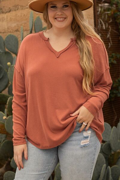 Plus Size Notched Long Sleeve T-Shirt  Shop One Place