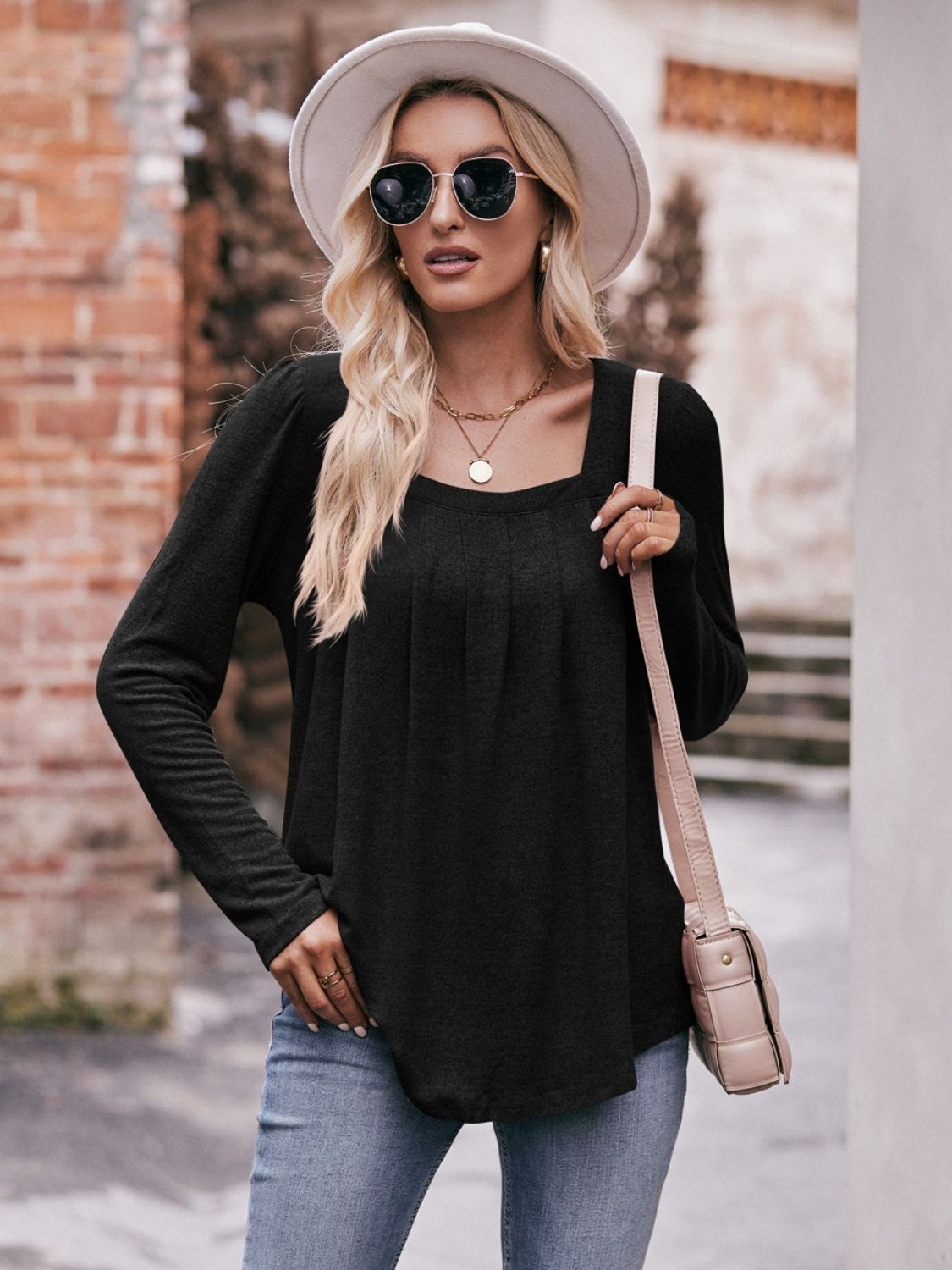 Pleated Detail Curved Hem Long Sleeve Top