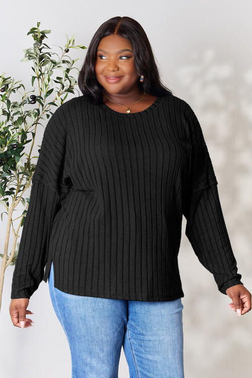 Basic Bae Full Size Ribbed Round Neck Slit Knit Top 