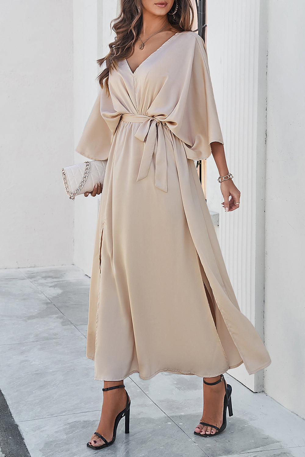 Slit Tied V-Neck Three-Quarter Sleeve Dress