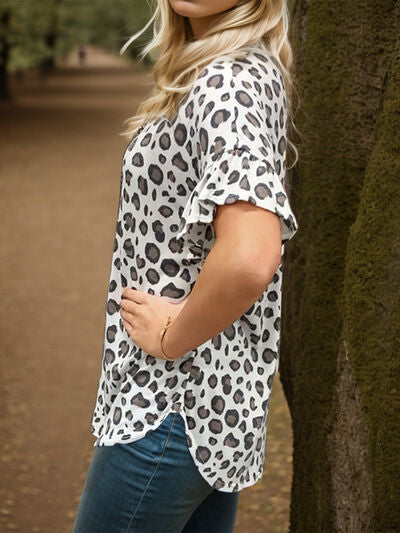 Ruffled Leopard Round Neck T-Shirt