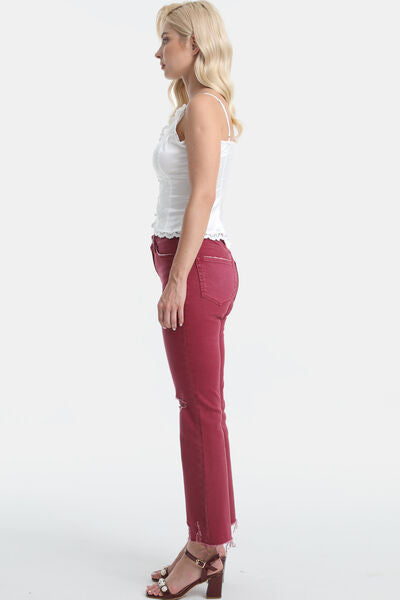 BAYEAS Full Size High Waist Distressed Raw Hem Flare Jeans