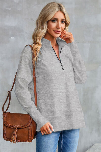 Half Zip Pocketed Dropped Shoulder Sweatshirt  Shop One Place