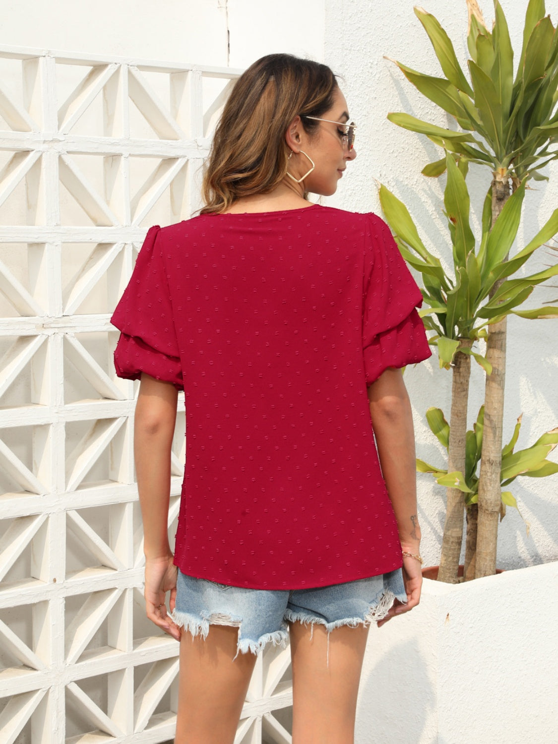 Swiss Dot V-Neck Short Sleeve Blouse