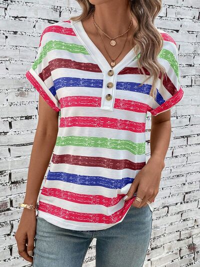 Striped V-Neck Short Sleeve T-Shirt