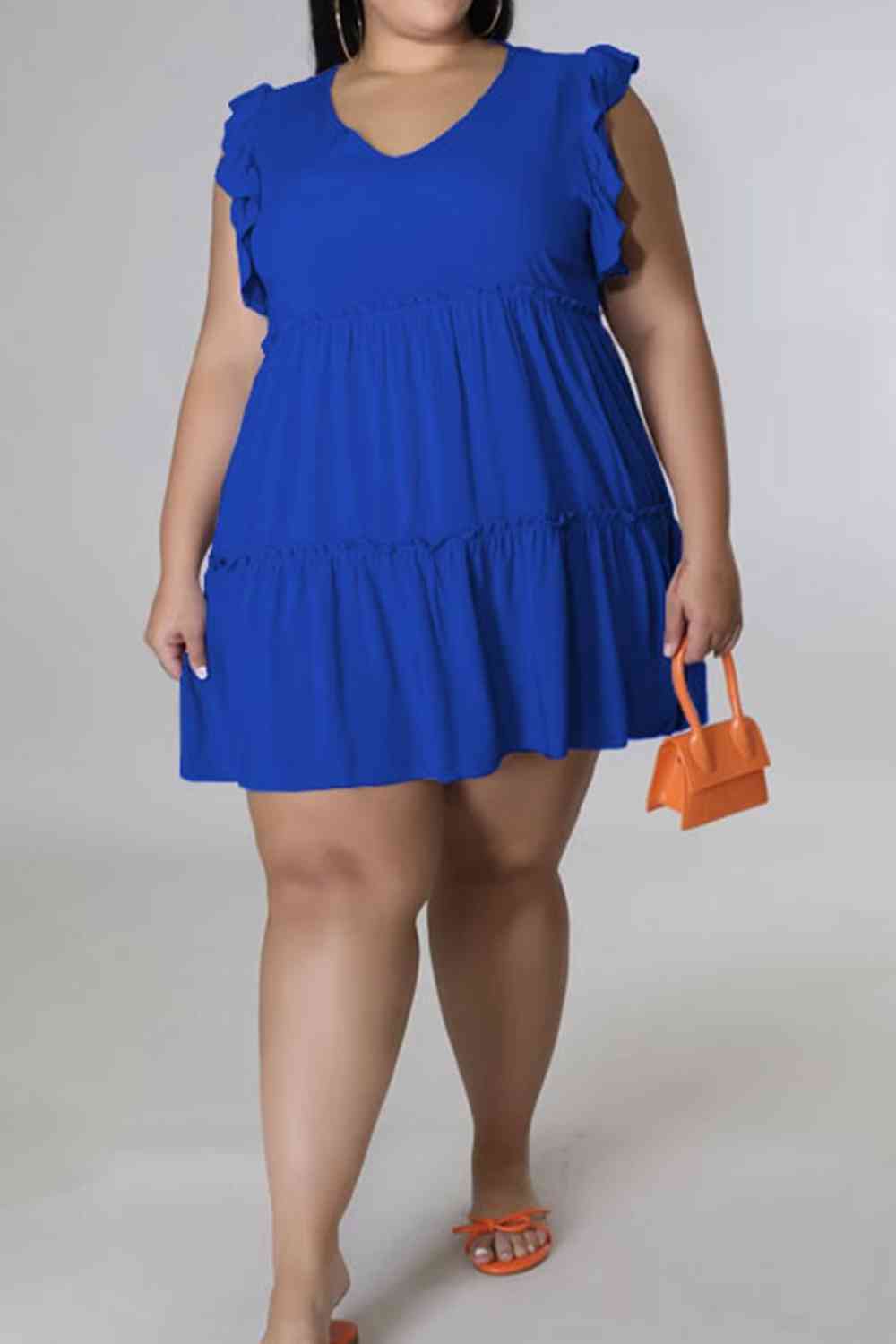 Plus Size V-Neck Frill Trim Mini Dress