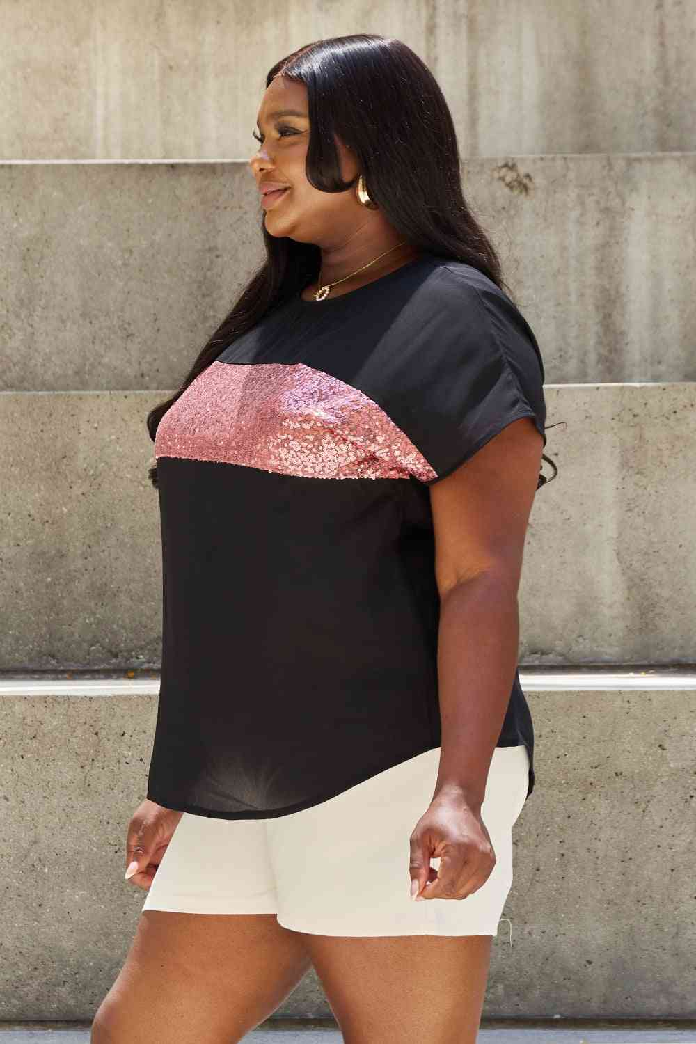 Sew In Love Shine Bright Full Size Center Mesh Sequin Top in Black/Mauve