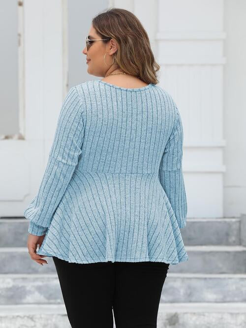 Plus Size Ribbed V-Neck Long Sleeve Blouse  Shop One Place