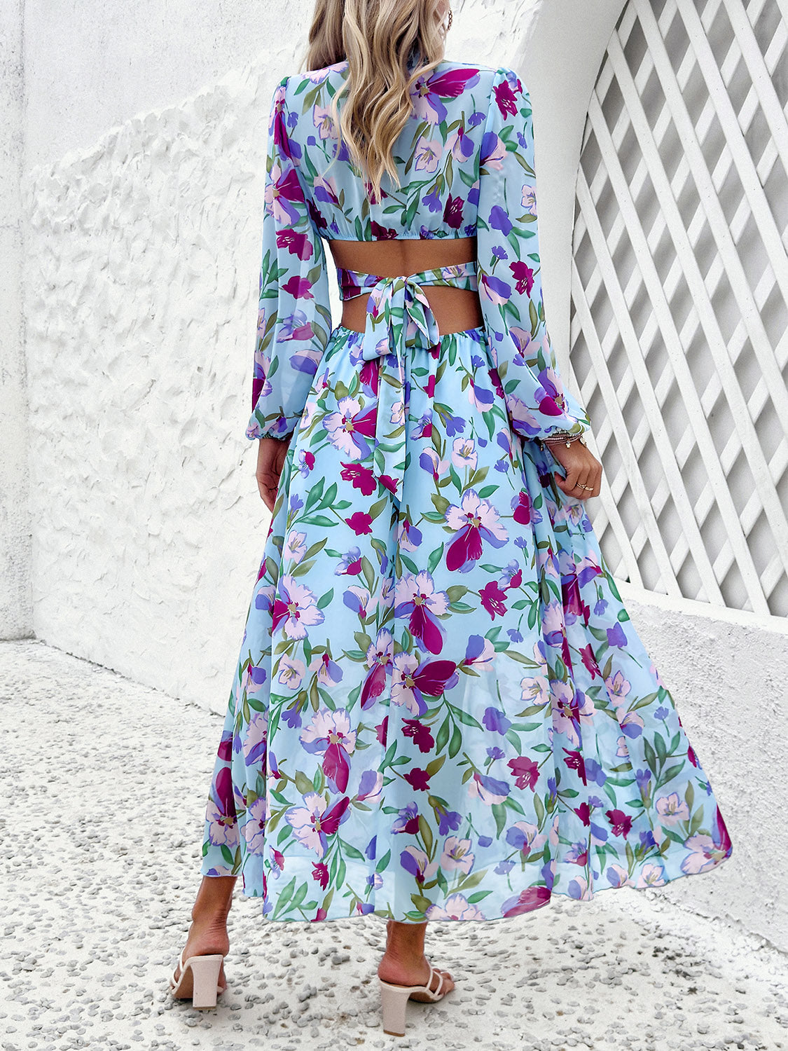 Cutout Printed V-Neck Balloon Sleeve Dress